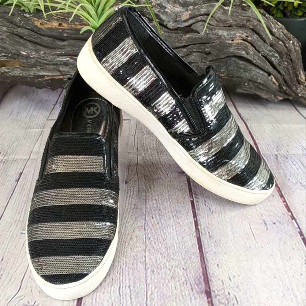 MICHAEL KORS Keaton Striped Sequin Slip-On, Black/Silvertone